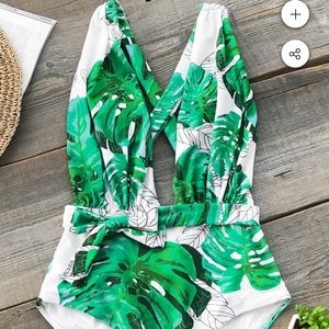 Back cross one piece tropical belted swimsuit NWT